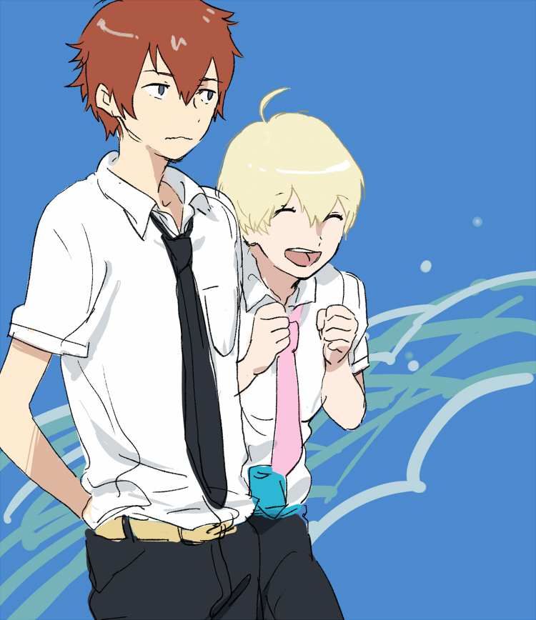 2boys arms_behind_back belt black_necktie blonde_hair blue_background brown_hair closed_eyes closed_mouth collared_shirt grey_eyes hair_between_eyes happy haru_(tsuritama) male_focus mitosa multiple_boys necktie open_mouth pink_necktie sanada_yuki school_uniform shirt short_hair tsuritama white_shirt