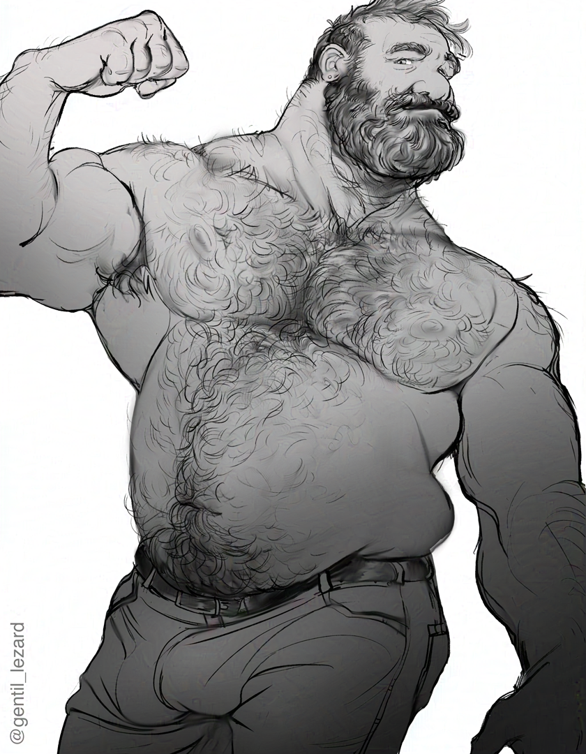 1boy abs bara beard belly biceps bulge captain_archibald_haddock chest_hair_peek cowboy_shot denim facial_hair fat fat_man flexing full_beard gentil_lezard gradient_beard greyscale hairy jeans large_pectorals looking_at_viewer male_focus mature_male monochrome muscular muscular_male navel navel_hair nipples old old_man pants pectorals receding_hairline short_hair solo standing stomach thick_arm_hair thick_beard thick_eyebrows thick_navel_hair tintin topless_male very_hairy