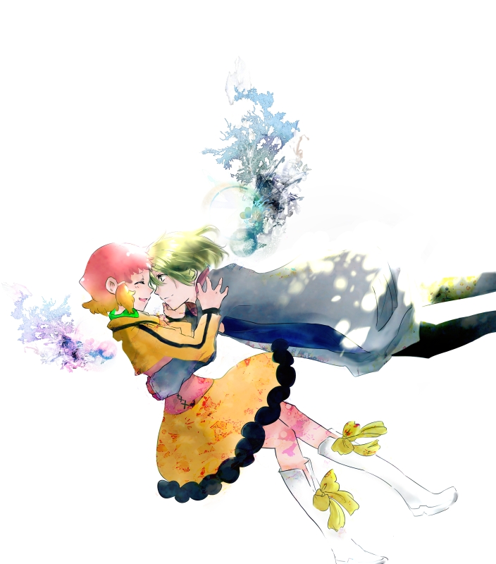 1boy 1girl aquarion_(series) aquarion_evol boots closed_eyes couple gradient_hair green_hair hair_ornament hairclip headphones headphones_around_neck hug jin_musou kn-aoight looking_at_another multicolored_hair orange_skirt short_hair simple_background skirt smile white_background white_footwear yunoha_thrul