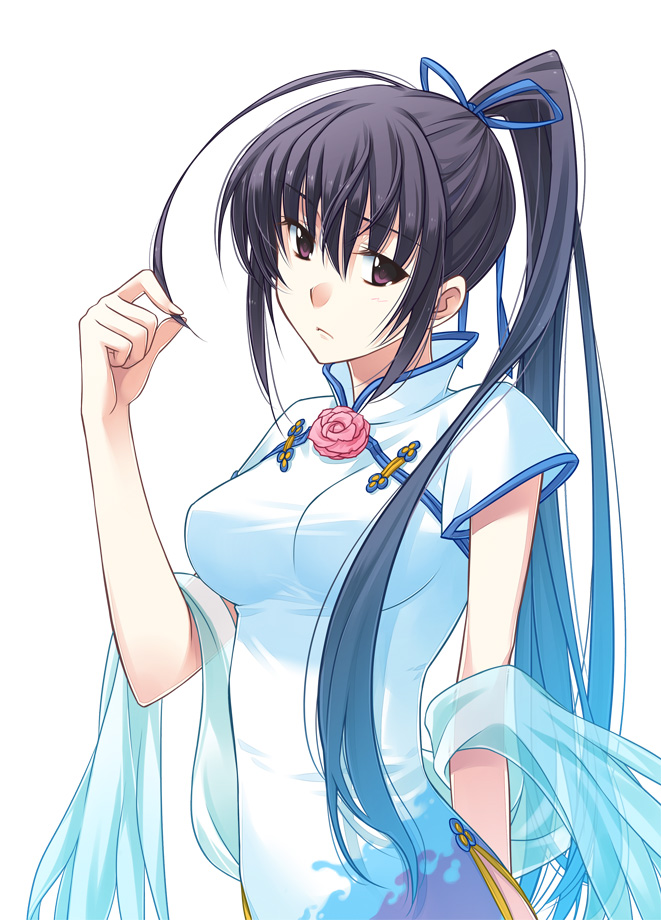 1girl akanegasaki_sora akanegasaki_sora_(cosplay) antenna_hair black_hair breasts china_dress chinese_clothes cosplay dress ever_17 female_focus komachi_tsugumi long_hair ponytail purple_eyes solo source_request takigawa_yuu