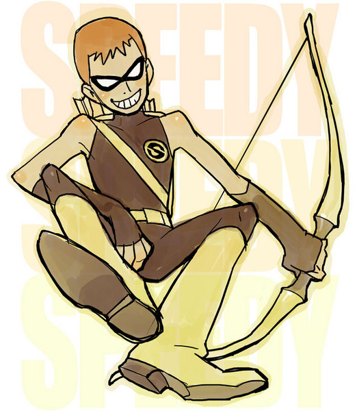 1boy arrow_(projectile) boots bow_(weapon) cartoon_network character_name dc_comics domino_mask full_body grin image_sample male_focus mask pixiv_sample quiver resized roy_harper shoes smile solo speedy teen_titans usshi weapon yellow_footwear