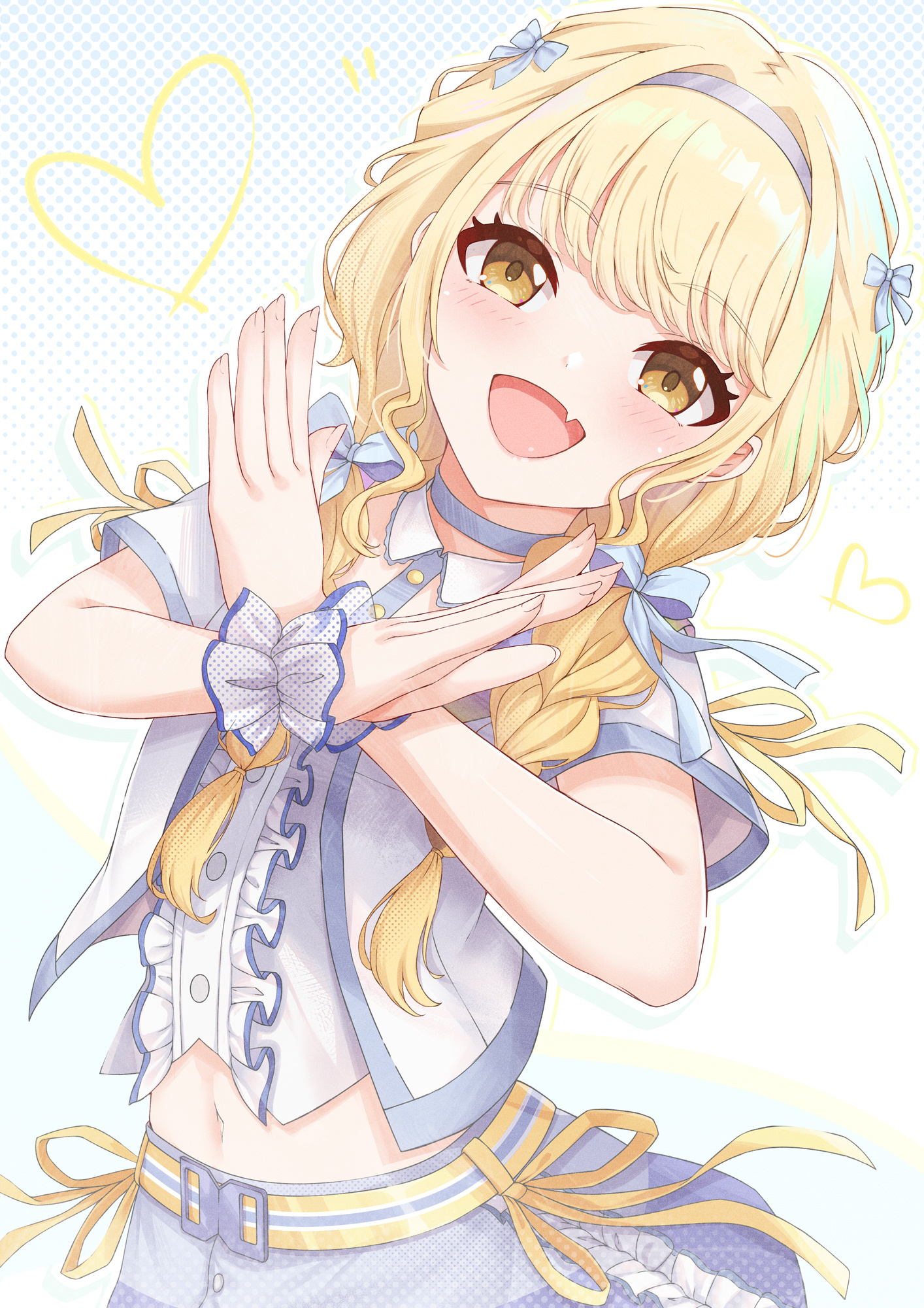 1girl agiri_(agiri_box) blonde_hair blush center_frills commentary cropped_jacket cropped_shirt fang frilled_wristband frills fujita_kotone gakuen_idolmaster hair_ribbon heart highres idolmaster looking_at_viewer midriff navel ribbon sekaiichi_kawaii_watashi_(idolmaster) skin_fang smile solo v_arms yellow_eyes