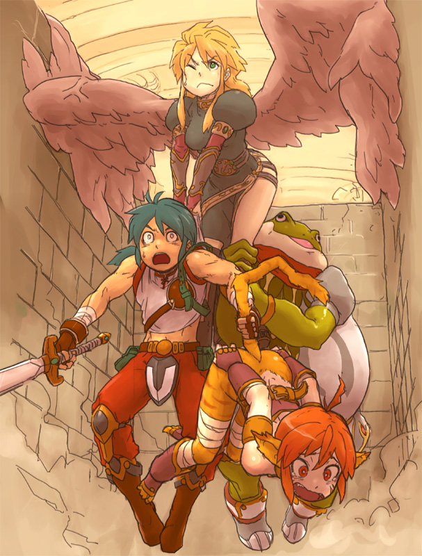 2boys 2girls animal_ears black_wings breasts breath_of_fire breath_of_fire_ii capcom cat_ears ekaru_hoppe_de_pe_tapeta frog gameplay_mechanics multiple_boys multiple_girls nina_(breath_of_fire_ii) no_panties rinpoo_chuan ryu_(breath_of_fire_ii) side_slit sword weapon wings yuuna_(alexi)