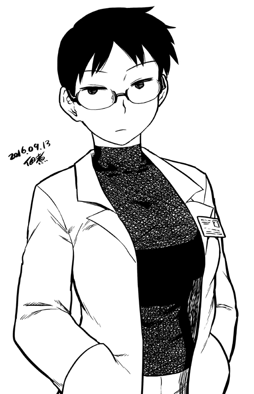 1girl black_eyes black_hair black_shirt breasts dated doctor glasses hands_in_pockets impossible_clothes impossible_shirt jacket large_breasts looking_at_viewer open_clothes open_jacket original shirt short_hair signature simple_background solo tsukudani_(coke-buta) very_short_hair white_background white_jacket