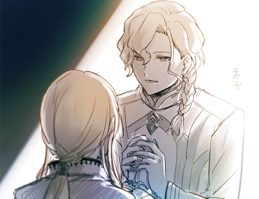 2boys aged_down aki_(neyuki41028) alternate_hairstyle blonde_hair blurry braid braided_ponytail chaldea_logo chaldea_uniform coat depth_of_field fate/grand_order fate_(series) frilled_sleeves frills grey_eyes hair_between_eyes hair_over_shoulder hands_up holding_hands kirschtaria_wodime lab_coat light_smile long_hair long_sleeves looking_at_another male_focus marisbury_animusphere multiple_boys pale_color parted_bangs parted_lips ponytail ponytail_holder translated white_coat white_hair