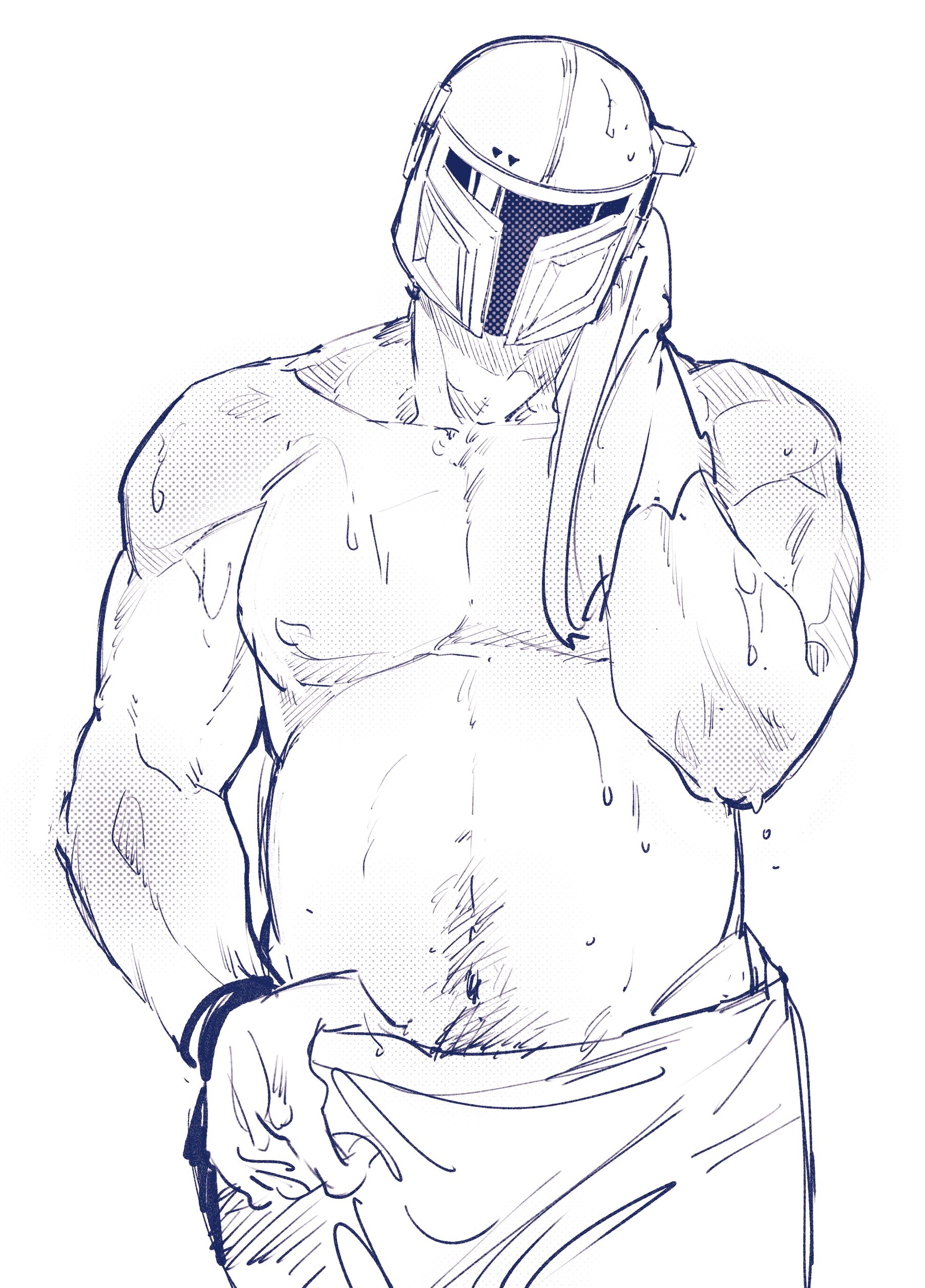 1boy 6cheetah absurdres arm_up bara bare_shoulders boba_fett chest_hair cowboy_shot greyscale groin hand_on_own_hip head_tilt helmet highres holding holding_towel male_focus monochrome navel pectorals simple_background sketch solo star_wars straight-on topless_male towel wet white_background wiping_face