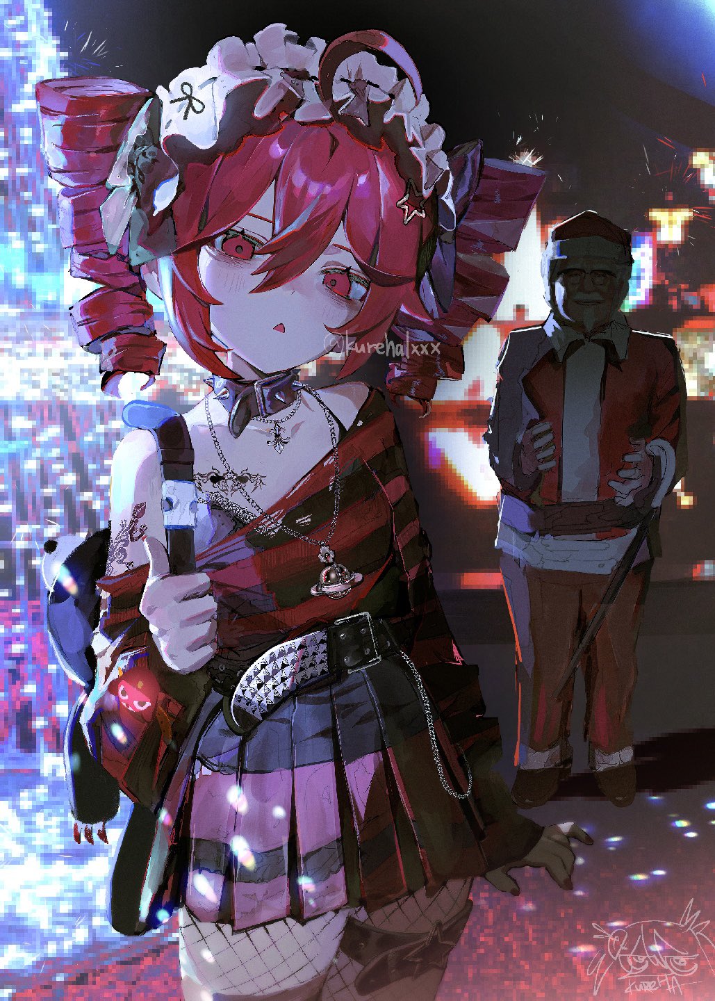 1boy 1girl ahoge belt black_bag black_belt black_collar black_shirt black_skirt collar colonel_sanders drill_hair facial_hair fishnet_pantyhose fishnets glasses hat highres jewelry kasane_teto kfc kurehalxxx necklace pantyhose parted_lips red_eyes red_shirt santa_costume santa_hat shirt skirt spiked_collar spikes striped_clothes striped_shirt synthesizer_v tattoo thigh_strap twin_drills utau white_hair white_headdress