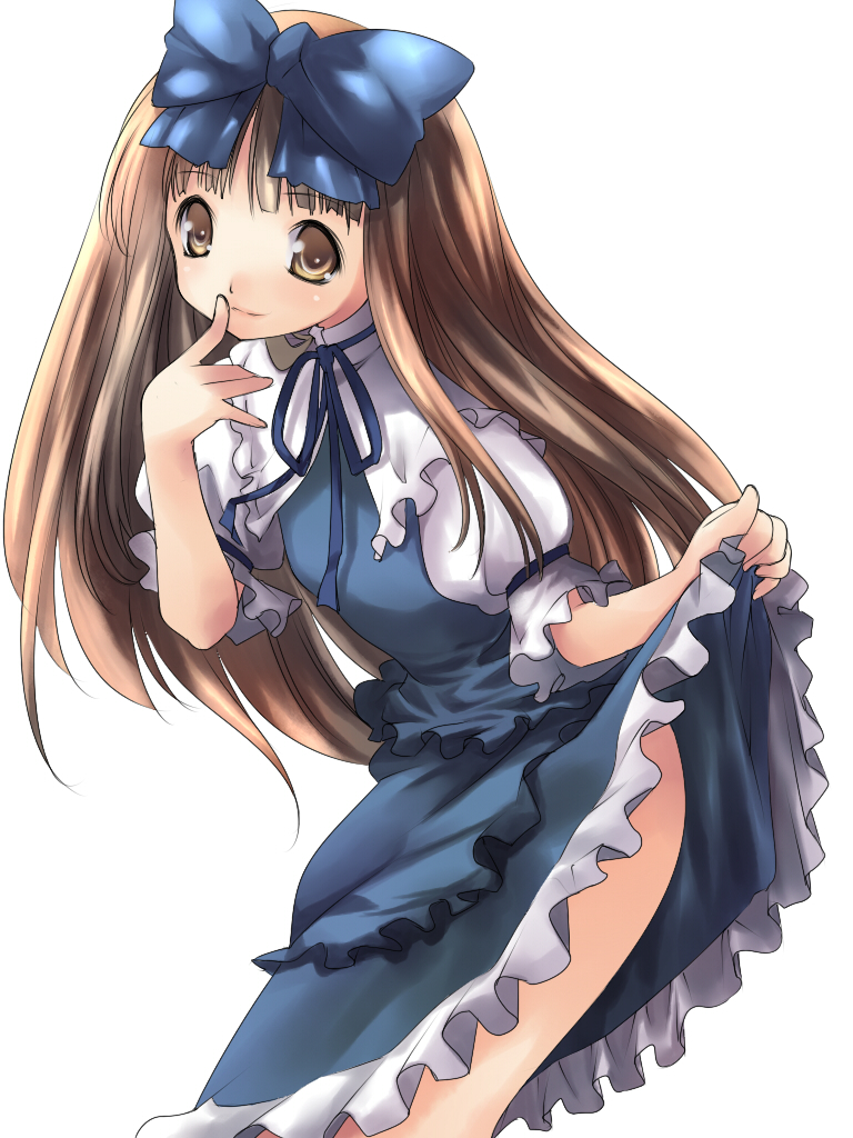 1girl alric ass bad_id bad_pixiv_id bow brown_eyes brown_hair clothes_lift dress dress_lift eastern_and_little_nature_deity female_focus finger_to_mouth hair_bow simple_background solo star_sapphire touhou touhou_sangetsusei white_background