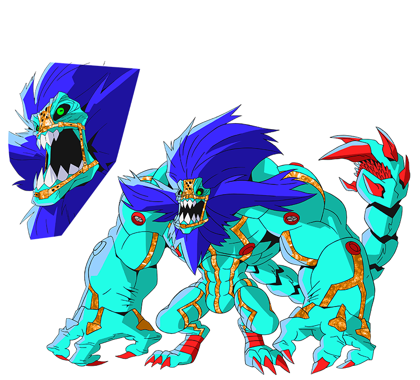 10s 1boy amphibian_eyes black_sclera reference_sheet claws colored_sclera concept_art fangs full_body green_eyes long_hair looking_at_viewer male_focus manticore monster muscular ninja_slayer official_art simple_background solo stinger white_background