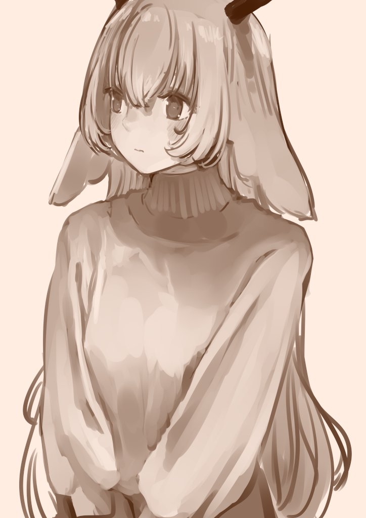 1girl alternate_costume animal_ears animare antlers atsushima blush brown_theme closed_mouth commentary_request expressionless floppy_ears horns long_hair long_sleeves looking_afar monochrome nanashi_inc. rabbit_ears simple_background solo sweater tsukinoki_tirol turtleneck turtleneck_sweater upper_body very_long_hair virtual_youtuber