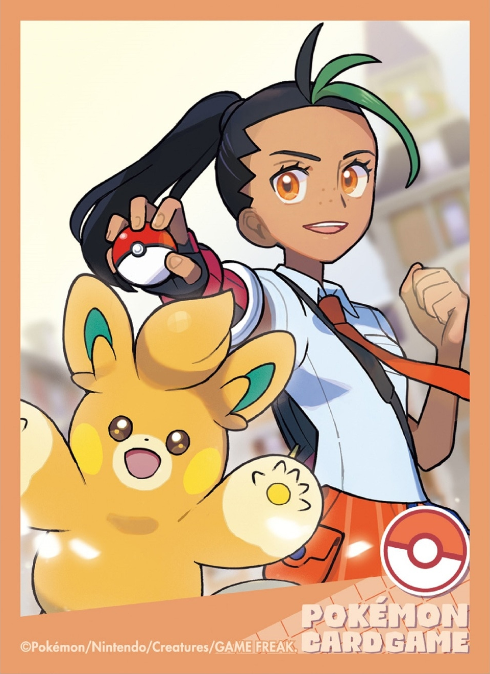 1girl :d black_hair border clenched_hand collared_shirt copyright_name copyright_notice dark-skinned_female dark_skin eyelashes freckles green_hair hands_up highres holding holding_poke_ball long_hair multicolored_hair naranja_academy_school_uniform necktie nintendo official_art open_mouth orange_border orange_eyes orange_necktie orange_shorts outstretched_arm pawmo poke_ball poke_ball_(basic) pokemon pokemon_(creature) pokemon_sv pokemon_tcg ponytail school_uniform shirt shorts smile teeth third-party_source two-tone_hair upper_body upper_teeth_only white_shirt