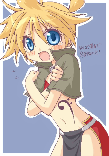 1boy ahoge alternate_costume blonde_hair blue_eyes blush crossdressing kagamine_len loincloth lowres mage_(ragnarok_online) male_focus oekaki pelvic_curtain ragnarok_online shirokuro_(lapinnoir) solo tattoo tears trap vocaloid