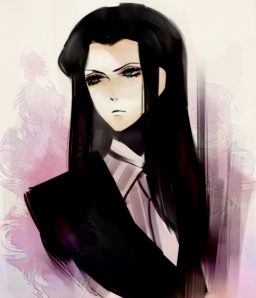 1boy black_hair bone-beans eyeshadow formal_clothes jack_barbarosa_bancoran makeup male_focus patalliro! serious solo suit upper_body