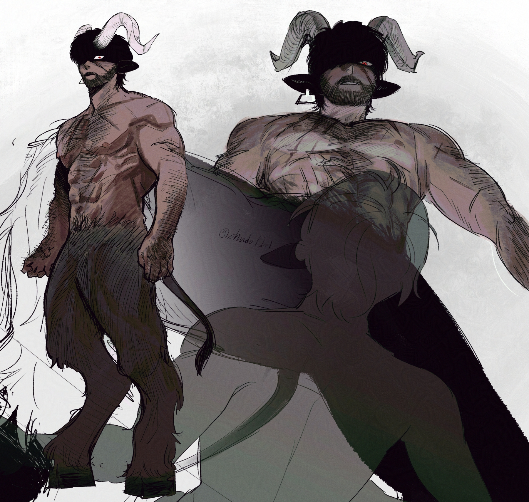 2boys abs animal_ears bara beard_stubble body_fur collage cow_boy curled_horns facial_hair from_below frown goat_boy goat_ears goat_horns goat_legs goat_tail hairy hand_hair highres horns invisible_man large_pectorals looking_at_viewer male_focus mature_male multiple_boys muscular muscular_male navel navel_hair nipples original partially_shaded_face pectorals red_eyes satyr short_hair spread_legs stubble thick_arm_hair thick_chest_hair thick_eyebrows very_hairy yaoi yon13498812