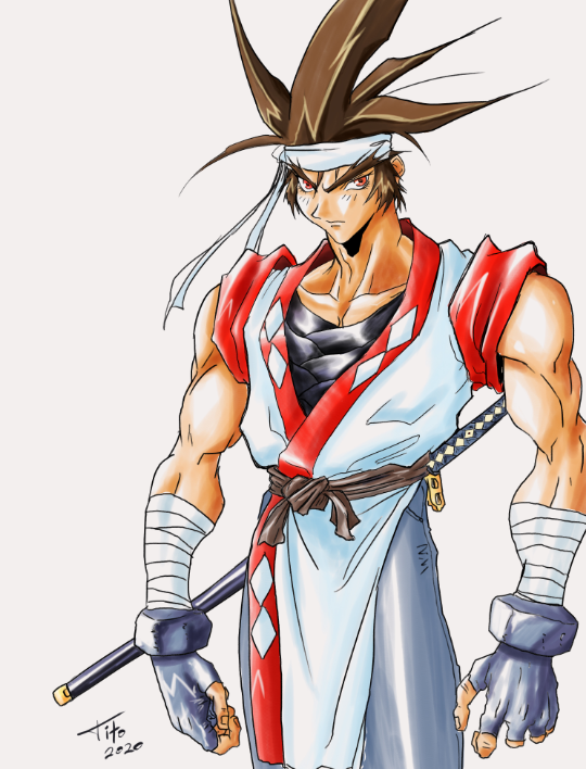 1990s_(style) 1boy battle_arena_toshinden brown_hair eiji_shinjo fingerless_gloves gloves headband japanese_clothes katana kimono muscular muscular_arms red_eyes retro_artstyle simple_background sword toushinden weapon yukata