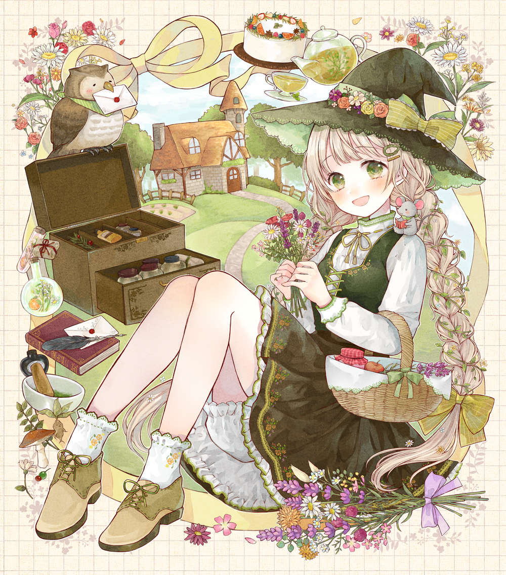 1girl :d animal animal_on_shoulder apple basket beak_hold bird blonde_hair bloomers blush book bottle bow bowl braided_twintails brown_shoes cabinet cake chimney cup door dot_nose fence floral_print floral_print_skirt floral_print_socks floral_print_vest flower food fruit full_body garden grass green_hair green_hat green_ribbon green_skirt green_vest grid_background hair_bow hair_flower hair_ornament hair_vines hairpin hat hat_bow hat_flower high_collar holding holding_book holding_flower house inset_border jam knees_up letter long_hair long_sleeves looking_at_viewer mouse_(animal) mouth_hold mushroom neck_ribbon open_mouth original outside_border owl petticoat pink_flower potion print_skirt purple_flower quill red_flower ribbon ribbon_border saucer shirt shoelaces shoes sitting skirt smile socks solo stone_walkway striped_bow teacup teapot tententuyu tree twintails underwear vest vial white_bloomers white_flower white_shirt white_socks window witch witch_hat wooden_fence yellow_bow yellow_ribbon