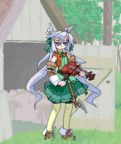 1girl barn belt blue_eyes boots bow dress female_focus full_body hair_bow instrument long_hair lowres mof mof&#039;s_silver_haired_twintailed_girl nature oekaki original outdoors plant silver_hair skirt solo twintails very_long_hair violin weapon