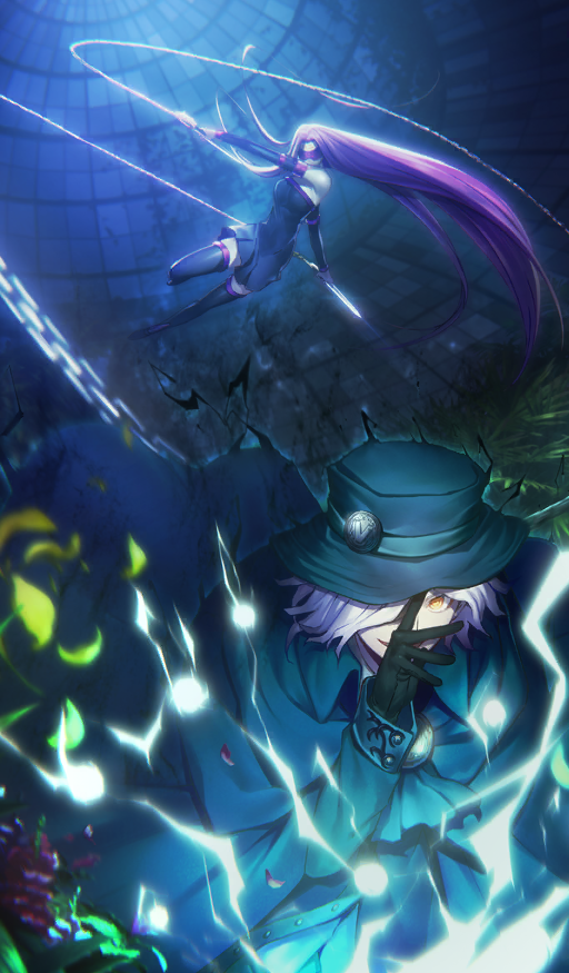 1boy 1girl black_boots black_cloak black_dress black_gloves black_hat black_sleeves blindfold boots breasts chain cloak commentary covered_eyes curtained_hair dagger detached_sleeves dress duel dynamic_pose edmond_dantes_(fate) endou_kaori fate/grand_order fate_(series) gloves grass hair_over_one_eye hand_over_face hat holding holding_dagger holding_knife holding_weapon knife large_breasts lightning long_hair long_sleeves medusa_(fate) medusa_(rider)_(fate) midair mixed-sex_combat motion_blur nameless_dagger_(fate) official_art open_mouth outdoors purple_blindfold purple_hair ringed_eyes short_dress short_hair smile strapless strapless_dress thigh_boots third-party_source very_long_hair weapon white_hair yellow_eyes