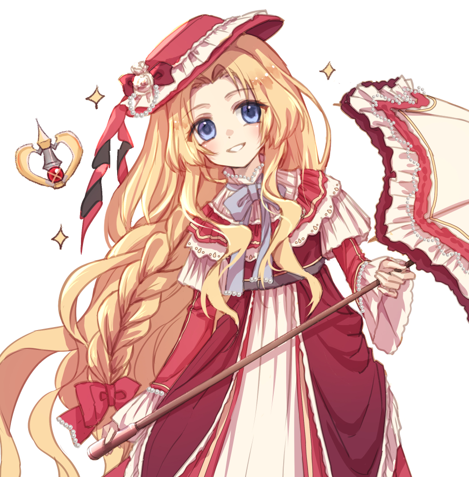1girl alfin_reise_arnor blonde_hair blue_eyes bow bowtie braid curtained_hair dress eiyuu_densetsu falcom hair_bow holding holding_umbrella long_hair looking_at_viewer sen_no_kiseki_(series) simple_background single_braid smile solo umbrella upper_body very_long_hair white_background willfin