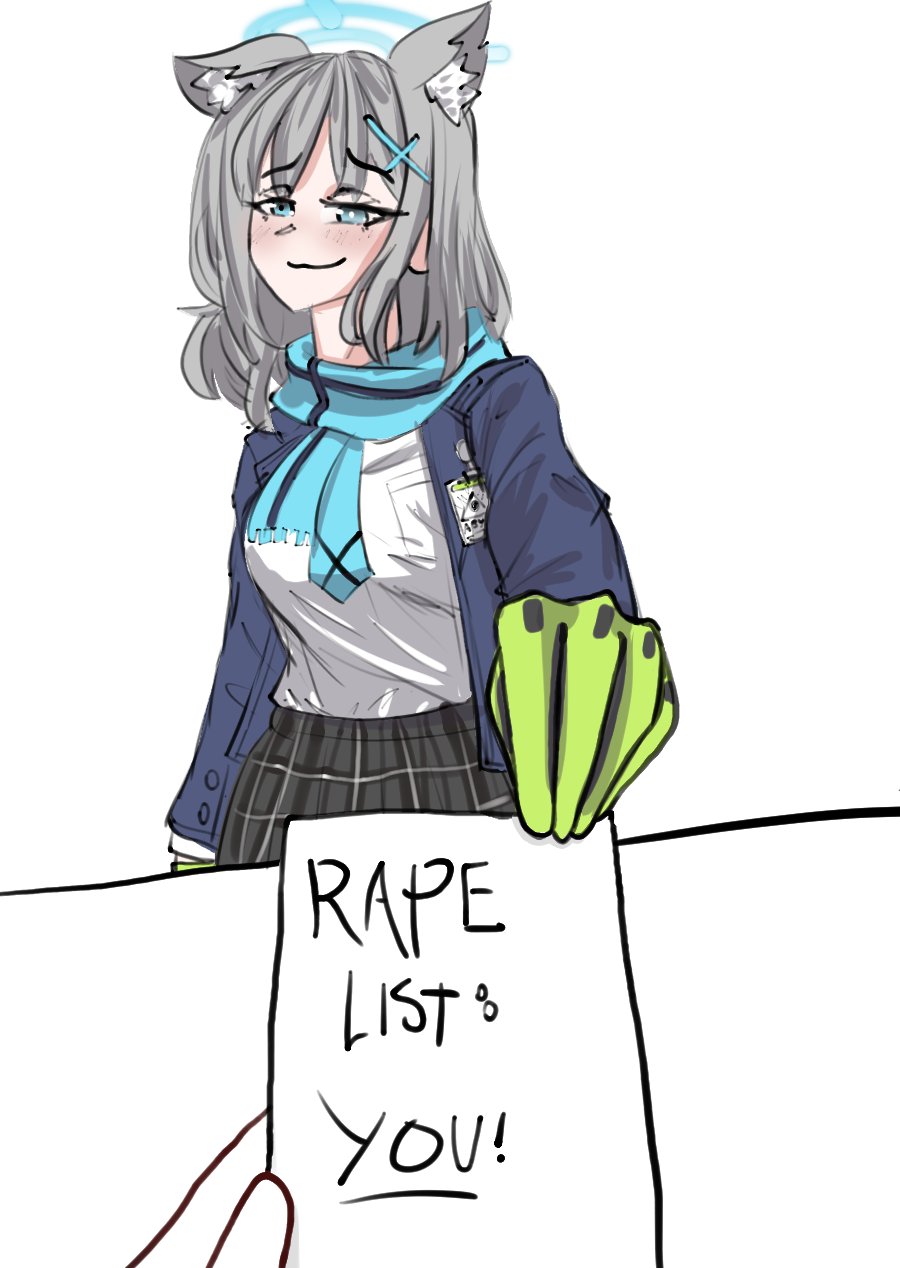 1girl animal_ear_fluff animal_ears blazer blue_archive blue_halo blue_jacket blue_necktie blue_scarf commentary cross_hair_ornament english_text extra_ears gloves green_gloves grey_hair hair_ornament hairclip halo heterochromia highres id_card jacket looking_at_viewer meme middovah mismatched_pupils necktie open_clothes open_jacket plaid_clothes plaid_skirt scarf school_uniform shiroko_(blue_archive) shirt shirt_tucked_in skirt smug soyjak_extending_a_note_(meme) symbol-only_commentary white_shirt wolf_ears you_gonna_get_raped