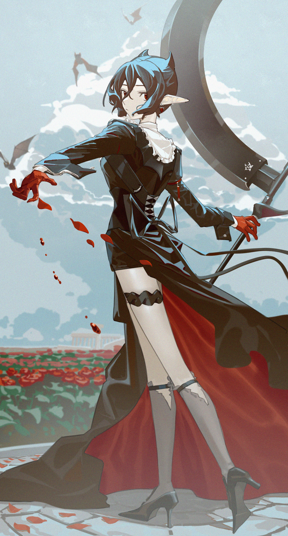 1girl alternate_costume arknights bat_(animal) bikini black_dress black_hair black_ribbon black_shoes blood blue_sky closed_mouth day dress earrings entelechia_(arknights) field flower flower_field frilled_bikini frills from_behind gloves grey_socks hair_between_eyes high_heels highres holding holding_scythe jewelry kneehighs lanzi_(415460661) long_sleeves looking_at_viewer looking_back outdoors petals pointy_ears red_eyes red_gloves ribbon scythe shoes short_hair sky socks solo swimsuit thigh_strap