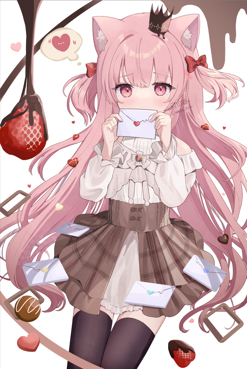 1girl animal_ear_fluff animal_ears black_thighhighs blush bow brown_skirt chocolate commentary_request covering_own_mouth cowboy_shot crown dot_nose envelope food frilled_sleeves frills fruit goma_(u_p) hair_blush hair_bow heart heart_in_eye high-waist_skirt highres holding holding_envelope layered_skirt long_hair long_sleeves mini_crown off-shoulder_shirt off_shoulder original pink_eyes pink_hair red_bow shirt skirt speech_bubble strawberry symbol_in_eye thighhighs thought_bubble twitter_username two_side_up valentine very_long_hair white_background white_shirt