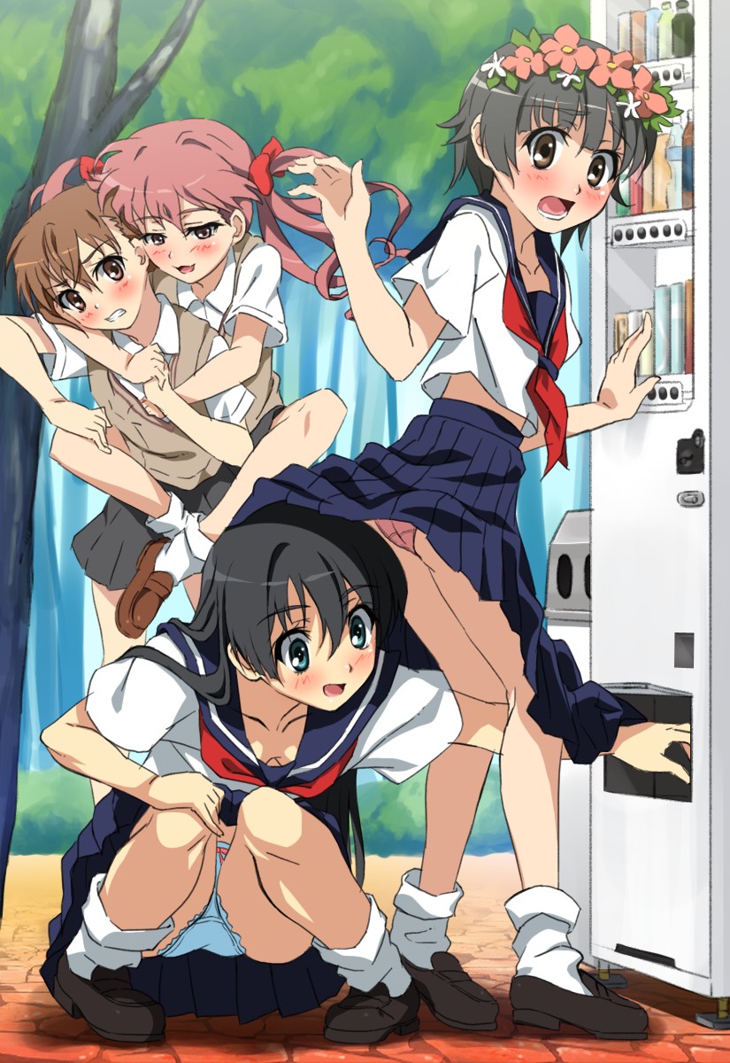 4girls black_hair blue_panties blush bow bow_panties brown_eyes brown_hair downblouse flower hair_flower hair_ornament head_wreath highres long_hair misaka_mikoto multiple_girls panties pantyshot pink_hair pink_panties sanshita saten_ruiko school_uniform serafuku shirai_kuroko short_hair sitting squatting sweater_vest toaru_kagaku_no_railgun toaru_majutsu_no_index twintails uiharu_kazari underwear vending_machine yuri