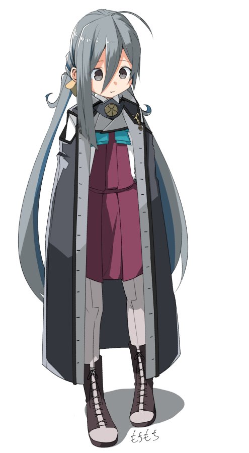 1girl ahoge boots bow bowtie cape commentary_request cosplay female_focus full_body grey_eyes grey_hair grey_pantyhose hair_between_eyes hair_bun halterneck kantai_collection kiyoshimo_(kancolle) lace-up_boots long_hair looking_down low_twintails moti_coi musashi_(kancolle) musashi_(kancolle)_(cosplay) musashi_kai_ni_(kancolle) one-hour_drawing_challenge pantyhose school_uniform shirt single_hair_bun solo standing twintails very_long_hair white_shirt