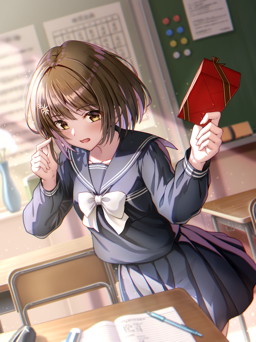1girl blush brown_eyes brown_hair chocolate desk food hair_ornament highres holding holding_chocolate holding_food indoors long_sleeves looking_at_viewer macha0331 medium_hair open_mouth original pleated_skirt ribbon sailor_collar school_desk school_uniform serafuku skirt valentine white_ribbon
