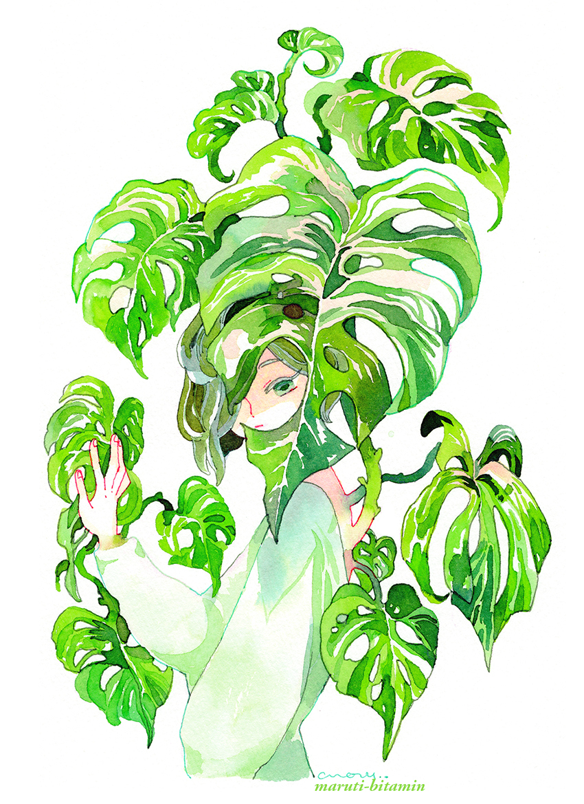 1girl androgynous artist_name asymmetrical_hair backless_dress backless_outfit dress expressionless green_dress green_eyes green_hair green_theme growing_out_of_body hair_over_one_eye hand_up long_sleeves looking_at_viewer maruti_bitamin monstera_deliciosa original painting_(medium) plant short_hair sprout surreal traditional_media upper_body watercolor_(medium) white_background