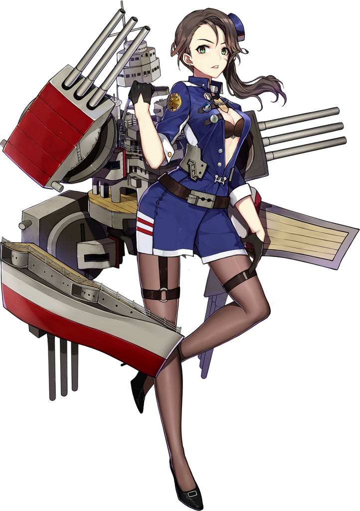 1girl azur_lane belt bikini bikini_top_only black_belt black_bikini black_footwear black_gloves blue_hat breasts brown_hair brown_pantyhose buttons chain cleavage earrings emblem female_focus full_body gloves green_eyes hat high_heels jewelry long_hair machinery military military_uniform mini_hat o-ring official_art pantyhose pennsylvania_(azur_lane) sa_(h28085) scar scar_on_face ship_turret small_breasts solo standing standing_on_one_leg swimsuit teeth thigh_strap transparent_background
