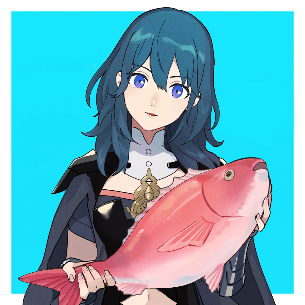 1girl animal aqua_background arm_guards armor armored_dress black_cape black_dress blue_eyes blue_hair blue_theme bodice bustier female_byleth_(fire_emblem) cape dress fire_emblem fire_emblem:_three_houses fish head_tilt holding holding_animal holding_fish kitano_ririo long_hair looking_at_viewer nintendo red_snapper shoulder_armor simple_background solo tassel turtleneck upper_body