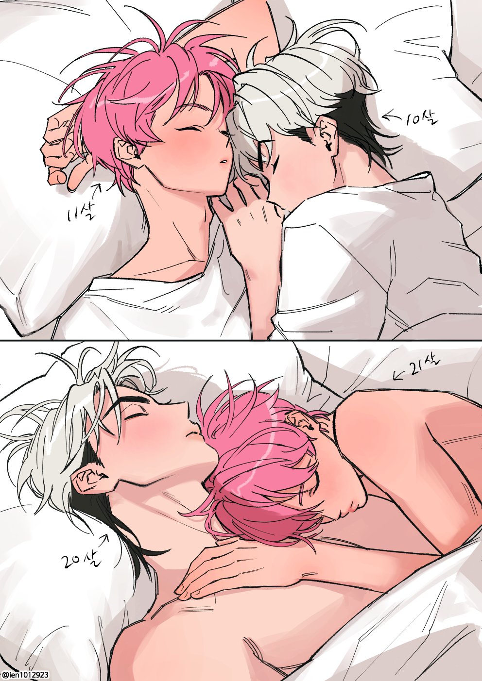 2boys aged_down bamby_(plave) black_hair blonde_hair blush closed_eyes closed_mouth commentary_request couple crew_neck eunho_(plave) grey_hair hand_on_another&#039;s_chest head_on_another&#039;s_shoulder highres ien1012923 korean_commentary lying male_focus multicolored_hair multiple_boys nude on_back pillow plave shirt short_sideburns sleeping t-shirt two-tone_hair under_covers white_shirt yaoi
