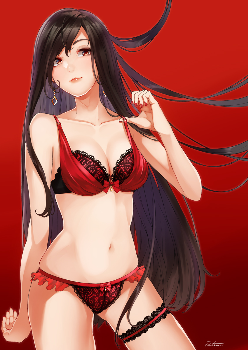 1girl black_hair blush bow bow_bra bow_panties bra breasts cleavage collarbone cowboy_shot earrings female_focus frilled_thigh_strap gluteal_fold highres jewelry lingerie lips long_hair looking_at_viewer medium_breasts nail_polish navel original panties red_background red_bra red_eyes red_nails red_panties retsuna smile solo standing thigh_strap underwear underwear_only