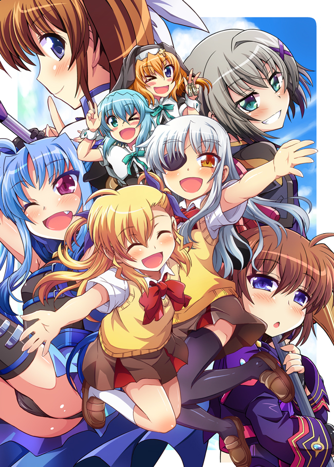 &gt;_o 10s 6+girls :d ;d black_legwear blonde_hair blue_eyes blue_hair blush bow bowtie brown_eyes brown_hair cape chantez_apinion chestnut_mouth cinque_(nanoha) cloud dress dress_shirt eyepatch closed_eyes fang green_eyes grin hair_ornament hair_ribbon hairclip hat holding jumping leotard long_hair looking_at_viewer looking_back luciferion lyrical_nanoha magical_girl mahou_shoujo_lyrical_nanoha mahou_shoujo_lyrical_nanoha_a&#039;s mahou_shoujo_lyrical_nanoha_a&#039;s_portable:_the_battle_of_aces mahou_shoujo_lyrical_nanoha_vivid lord_dearche levi_the_slasher stern_the_destructor miniskirt multiple_girls numbers_(nanoha) nun one_eye_closed open_mouth purple_eyes raising_heart ribbon school_uniform sein_(nanoha) shirt short_hair silver_hair skirt sky smile socks sweater_vest takamachi_nanoha thighhighs tsukishima_makoto twintails two_side_up vivio w white_legwear white_shirt wrist_cuffs yellow_eyes