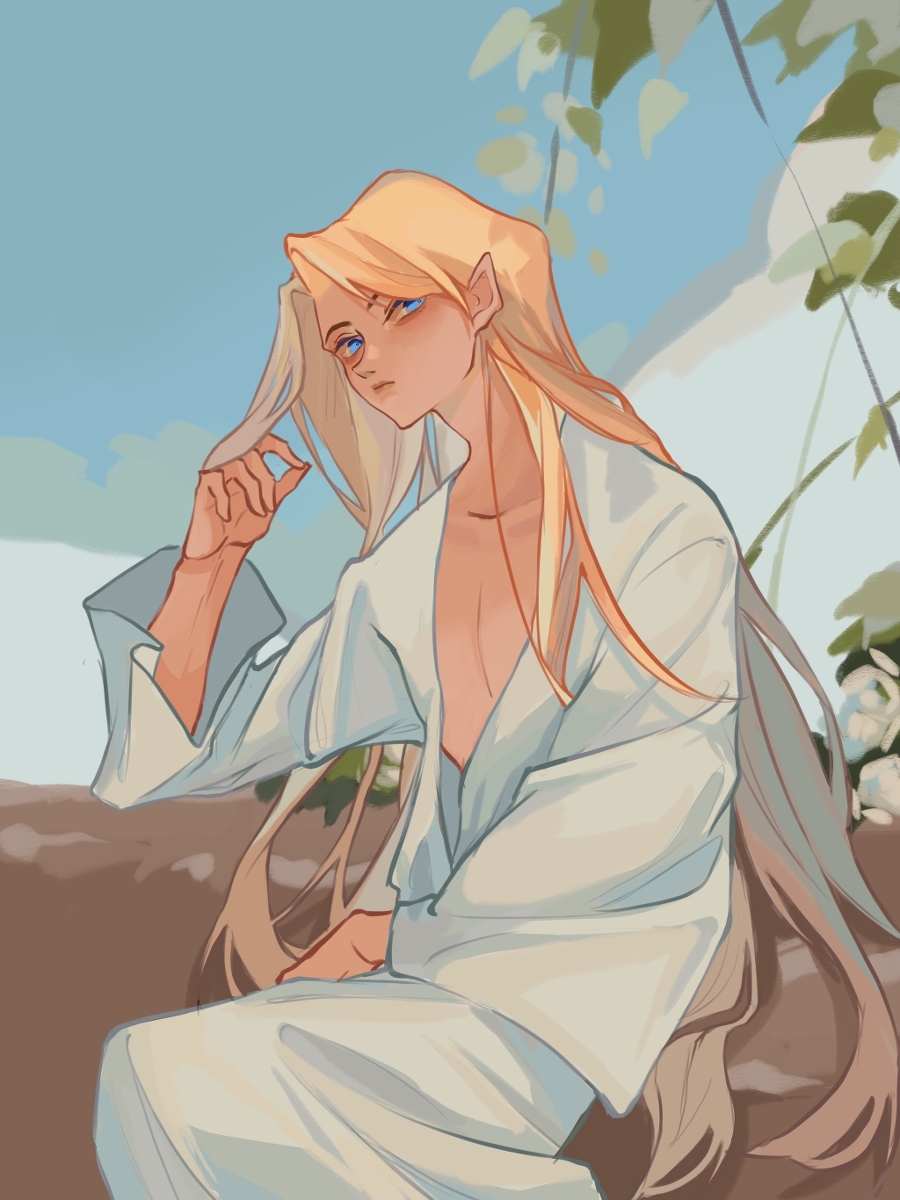 1boy androgynous blonde_hair blue_eyes celegorm closed_mouth collarbone day elf long_hair looking_at_viewer male_focus nostrils pectorals pointy_ears prince robe sitting sky solo sulime the_silmarillion tolkien&#039;s_legendarium white_robe