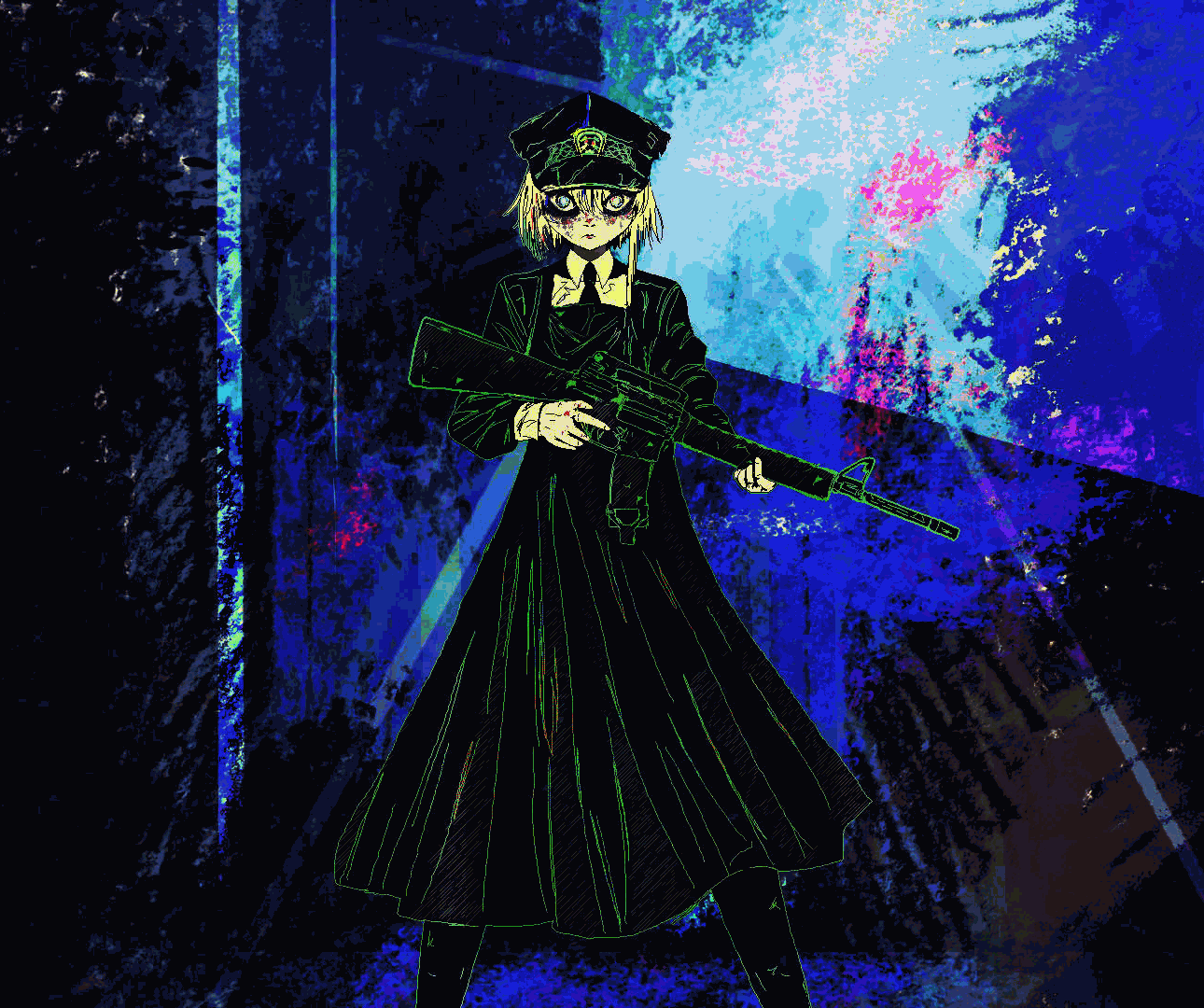 1girl animated animated_gif assault_rifle bags_under_eyes black_dress black_eyeshadow black_hat blood blood_on_face blood_on_hands blue_eyes bright_pupils colored_lineart commentary crazy_eyes crowd dancing dress drop_shadow english_commentary eyeshadow feet_out_of_frame frown gif_artifacts guard gun hat holding holding_gun holding_weapon indoors jaggy_lines legs_apart long_dress looking_at_viewer looping_animation m16 m16a2 makeup marie_(peripeteia) outside_border partially_colored peaked_cap peripeteia rave_party rifle security_guard shadow short_hair stage_lights standing straight-on stuffbecauseidk trigger_discipline weapon white_pupils wide-eyed