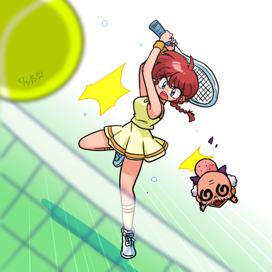 1boy 1girl @_@ ball blue_eyes braid genderswap genderswap_(mtf) happosai racket ranma-chan ranma_1/2 red_hair saotome_ranma single_braid skirt sportswear tennis tennis_ball tennis_court tennis_racket tennis_uniform wanta_(futoshi)