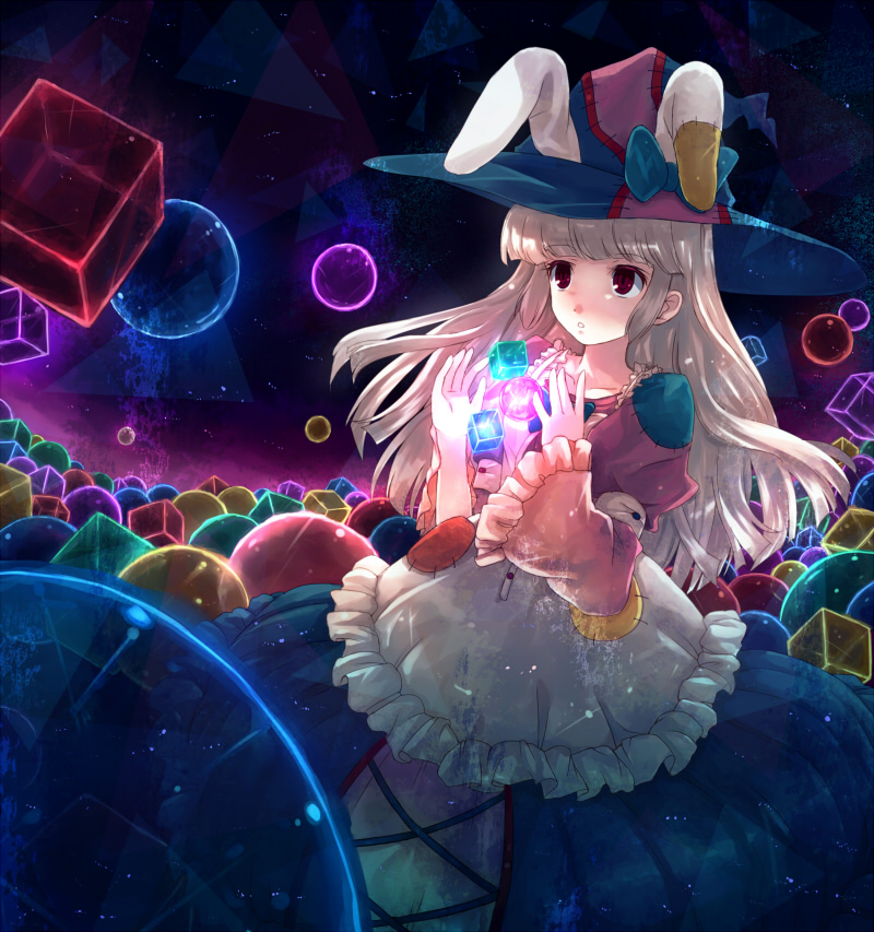 1girl animal_ears apron cube dress female_focus frills hat irisu_kyouko irisu_shoukougun! long_hair orb rabbit_ears red_eyes silver_hair solo witch_hat yakka