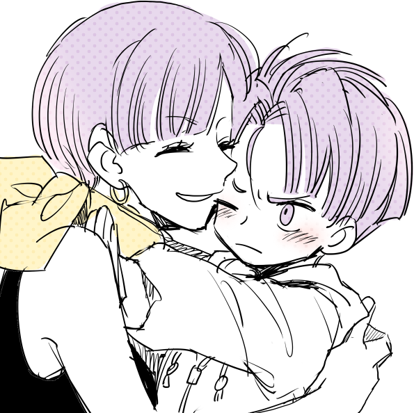1boy 1girl bad_id bad_twitter_id bulma closed_eyes dragon_ball dragonball_z earrings gum_(gmng) hetero hood hoodie hoop_earrings hug jewelry mother_and_son one_eye_closed purple_eyes purple_hair scarf simple_background smile trunks_(dragon_ball) white_background wince
