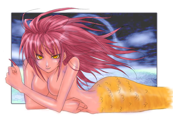 1girl 2000s_(style) breasts commentary_request completely_nude convenient_arm cowboy_shot feliciel fingernails large_breasts long_hair looking_at_viewer mermaid monster_girl nude obeaune orange_eyes pink_hair ragnarok_online red_nails sharp_fingernails smile solo v-shaped_eyebrows