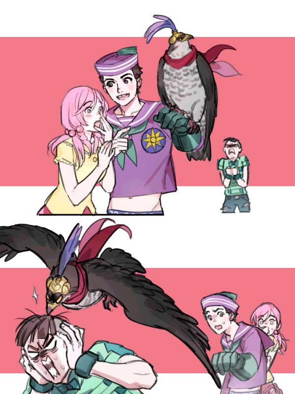 1girl 2boys 2koma bird black_eyes black_hair bow bowtie braid comic dixie_cup_hat falcon gloves green_gloves groin hair_bobbles hair_ornament hat higashikata_joshu higashikata_josuke_(jojolion) hirose_yasuho jojo_no_kimyou_na_bouken jojolion military_hat multiple_boys navel open_mouth pecking pet_shop pink_hair reammara red_scarf sailor scarf single_glove smile sweat wristband