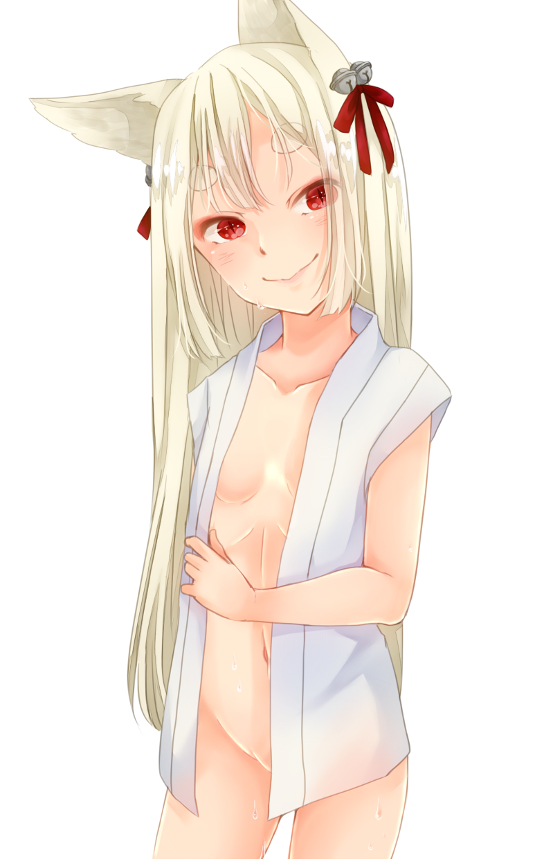 1girl animal_ears bell blonde_hair blush bottomless bow breasts closed_mouth commentary_request cowboy_shot fox_ears fox_girl hair_bell hair_bow hair_ornament head_tilt highres jingle_bell long_hair looking_at_viewer meiko_(nattu303) naked_shirt ninja_(ragnarok_online) open_clothes open_shirt ragnarok_online red_bow red_eyes shirt simple_background small_breasts smile solo thick_eyebrows white_background white_shirt