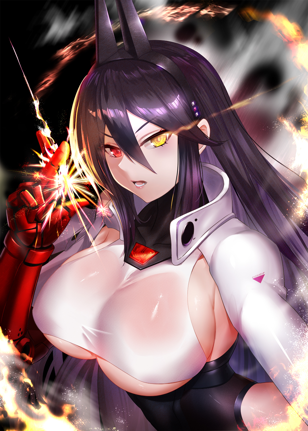 1girl armpits black_background black_leotard breasts brown_dust_(series) brown_dust_2 dtcy fire from_side glowing glowing_eyes hair_between_eyes heterochromia highres large_breasts leotard levia_(brown_dust) lips looking_at_viewer lower_teeth_only mechanical_arms multicolored_leotard open_mouth purple_hair red_eyes sideboob simple_background single_mechanical_arm solo sparkle teeth two-tone_leotard upper_body white_leotard yellow_eyes