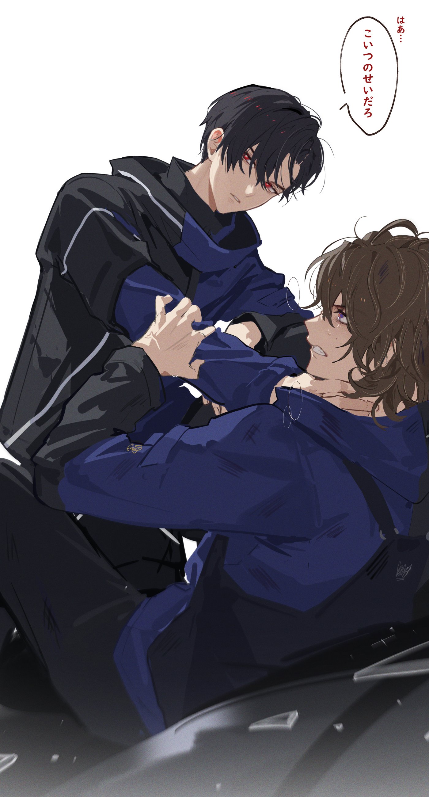 +_+ 2boys absurdres azuma_michinaga black_pants brown_hair desire_grand_prix_uniform doran_(doran7280) highres jacket kamen_rider kamen_rider_geats_(series) light male_focus multicolored_jacket multiple_boys pants purple_eyes red_eyes rivalry rivalry shadow shelf shirt short_hair sobbing strangling two-tone_jacket ukiyo_ace white_background