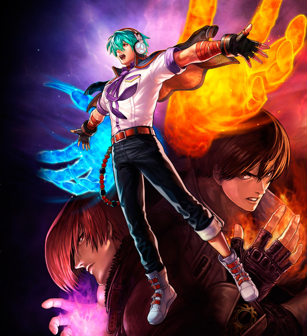 3boys brown_eyes brown_hair fire green_hair headphones kusanagi_kyou male_focus multiple_boys necktie ogura_eisuke purple_fire purple_necktie red_eyes red_hair shun&#039;ei snk the_king_of_fighters the_king_of_fighters_xiv yagami_iori