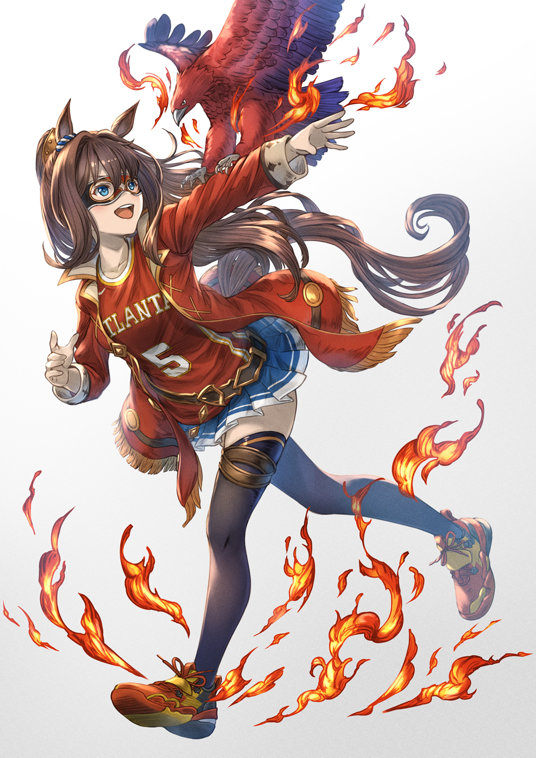 1girl :d animal_ears animal_on_arm atlanta_hawks basketball_jersey bird bird_on_arm black_thighhighs blue_eyes blue_skirt breasts brown_hair collarbone commentary_request domino_mask ear_ornament ear_scrunchie el_condor_pasa_(umamusume) eye_mask fire full_body hair_between_eyes highres horse_ears horse_girl horse_tail jacket long_hair long_sleeves looking_at_animal mask medium_breasts national_basketball_association open_mouth pleated_skirt ponytail red_jacket red_shoes running scrunchie shirt shoes sidelocks simple_background skirt smile solo tail thighhighs umamusume white_background yakkuro zettai_ryouiki