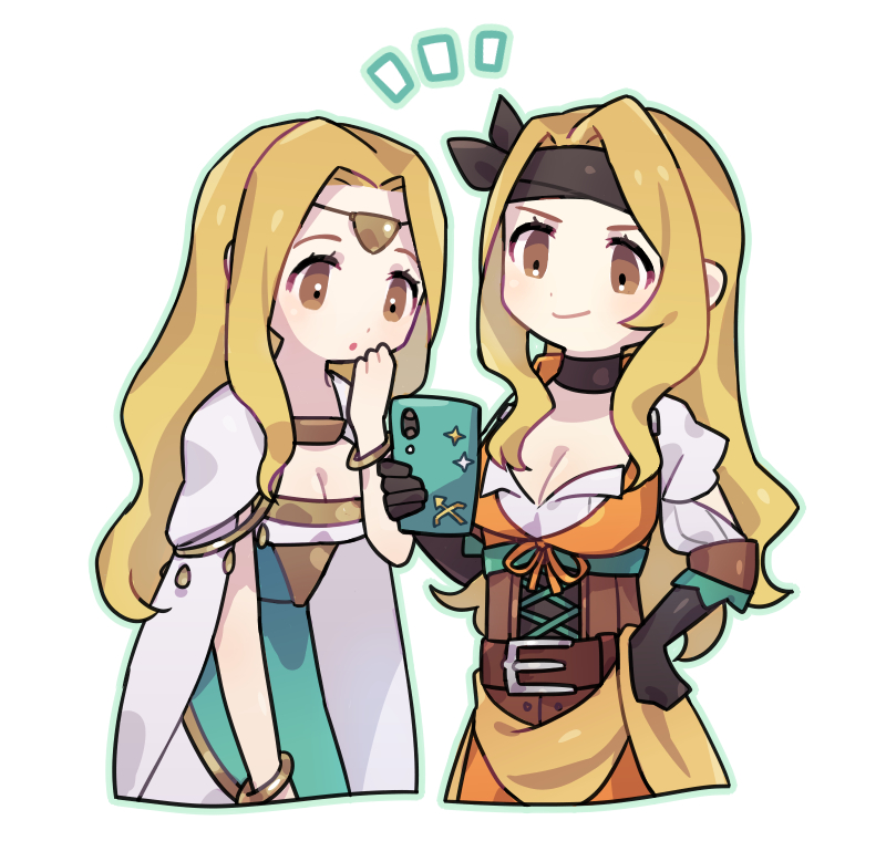 2girls :&lt; anachronism belt belt_buckle blonde_hair breasts brigid_(fire_emblem) brigid_(pirate)_(fire_emblem) brown_eyes buckle cellphone circlet cleavage closed_mouth dress edain_(fire_emblem) fire_emblem fire_emblem:_genealogy_of_the_holy_war fire_emblem_heroes gloves green_outline haconeri hand_on_own_hip headband holding holding_phone jewelry long_hair medium_breasts multiple_girls nintendo notice_lines official_alternate_costume open_mouth outline phone siblings simple_background sisters smartphone sweat twins