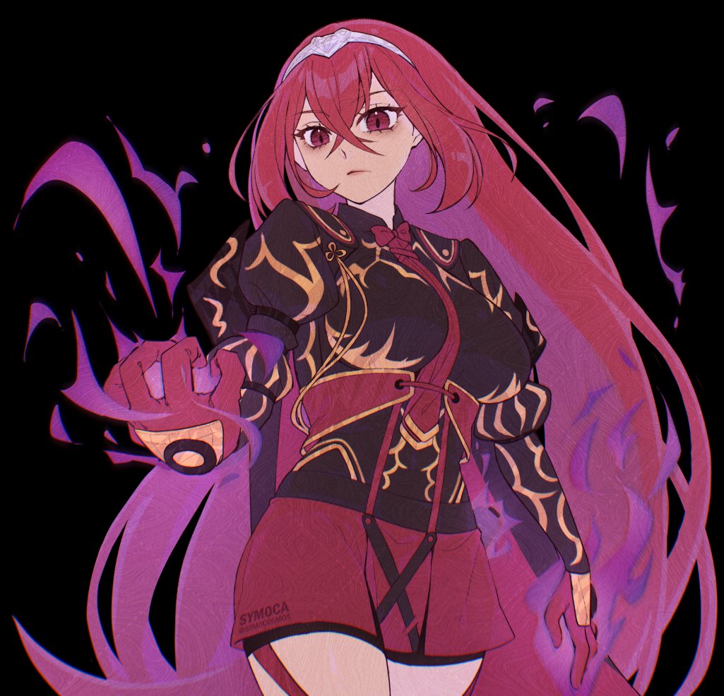 1girl aura braid breasts crossed_bangs dark_aura dark_persona female_alear_(fell_dragon)_(fire_emblem) female_alear_(fire_emblem) female_alear_(red_days_past)_(fire_emblem) fire_emblem fire_emblem_engage fire_emblem_heroes gloves hair_between_eyes long_hair looking_at_viewer medium_breasts nintendo official_alternate_costume official_alternate_eye_color official_alternate_hair_color red_aura red_eyes red_hair solo symoca tiara very_long_hair