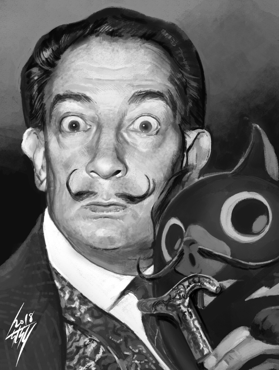 1boy animal artist_name cane cat cats_atelier closed_mouth coat collared_shirt dali_(cats_atelier) dated facial_hair forehead gradient_background grey_background greyscale hand_up highres holding holding_animal holding_cane holding_cat jacket looking_at_viewer male_focus monochrome mustache name_connection necktie open_mouth photo-referenced photorealistic portrait real_life realistic salvador_dali_(illustrated) shirt short_hair signature simple_background tsunetaka_rakurai wide-eyed